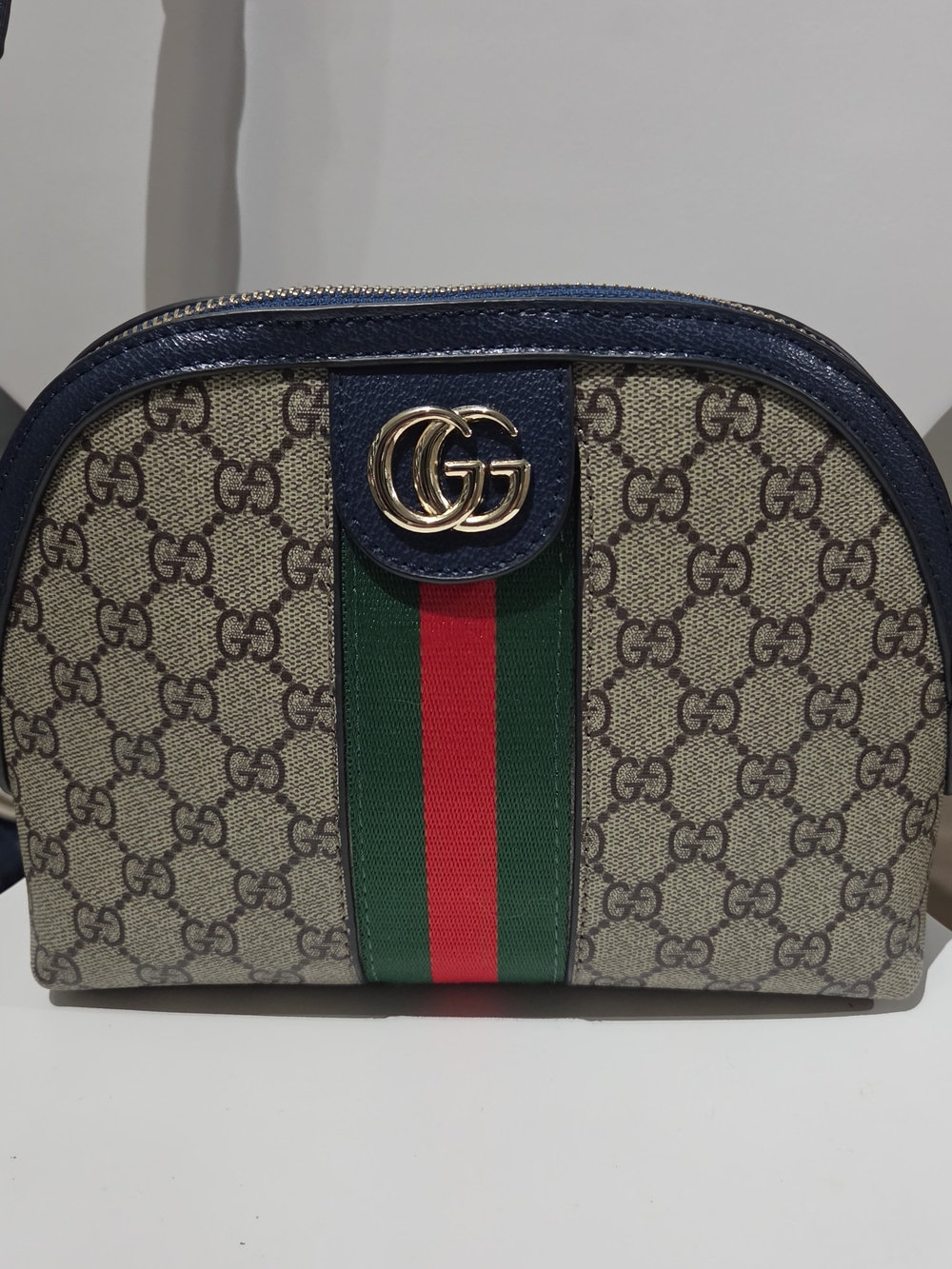 Gucci Ophidia GG Small Shoulder Bag in Beige/Blue with Green-Red Stripe